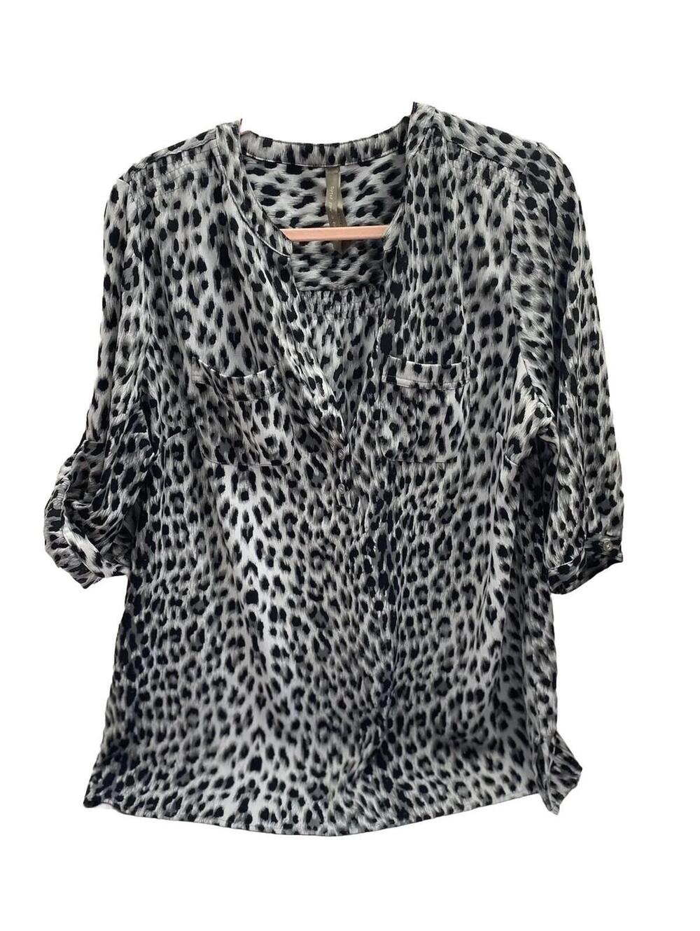 Women's Leopard Dress Shirt, Black & White Penningtons Plus Size Shirt for Lady